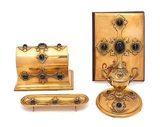 A Victorian Brass and Scottish Agate Cabochon Inlaid Desk Set Height of domed box 7 x width 8 1/2 x depth 5 inches.