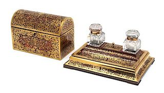 A Regency Boulle Desk Set Height of box 6 x width 9 1/2 x depth 4 3/4 inches.