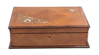 A Victorian Silver, Copper and Mother-of-Pearl Inlaid Walnut Games Box Height 5 1/2 x width 18 x depth 12 inches.