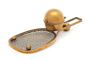 An English Brass Tennis Racket and Ball-Form Inkwell Length 8 1/2 inches.