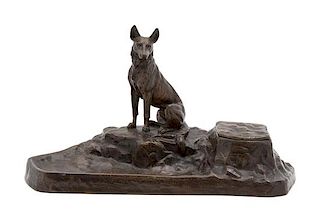 A Bronze Inkwell with a German Shepherd Sculpture Height 6 1/2 x width 11 1/2 x depth 4 1/2 inches.
