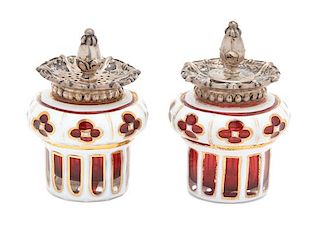 A Pair of Victorian Sterling Silver Mounted Cased White Cut-to-Ruby Glass Ink Wells Height 4 inches.