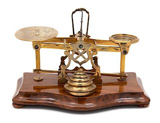 An English Set of Brass, Steel and Walnut Balance Scales Height 5 1/2 x width 8 x depth 5 inches.