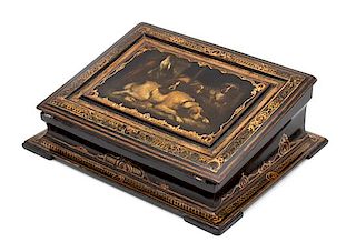 A Victorian Black and Gilt Lacquer Lap Desk Height 4 1/4 x width 14 x depth 11 inches.