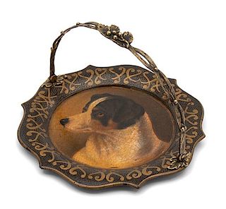 An English Jack Russell Dog Portrait Painted Papier Mache Dish Diameter 10 1/4 inches.