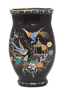 A Victorian Polychrome Decorated Black Glass Vase Height 10 1/4 inches.