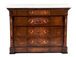 An American Empire Marquetry Inlaid Mahogany Chest of Drawers Height 40 1/2 x width 51 1/2 x depth 25 inches.