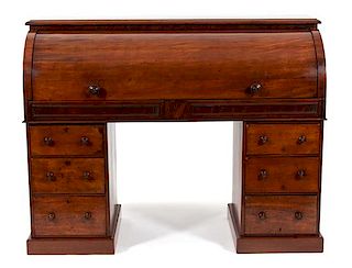 A Victorian Mahogany Cylinder Top Pedestal Desk Heigh 46 x width 60 x depth 24 inches.