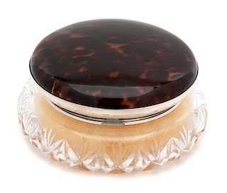 An English Cut Crystal, Silver and Tortoiseshell Covered Powder Jar Diameter 6 inches.