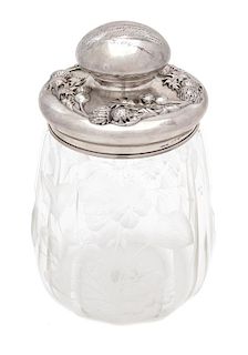 An American Silver Mounted and Covered Etched Glass Presentation Jar Height 8 x diameter 5 1/2 inches.