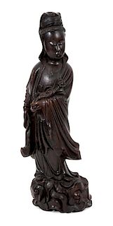 A Large Chinese Carved Hardwood Guan Yin Figure Height 36 inches.