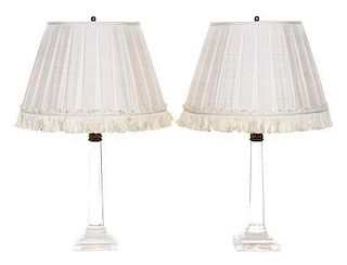 A Pair of Gilt Bronze Mounted Glass Table Lamps Height 30 1/4 inches.
