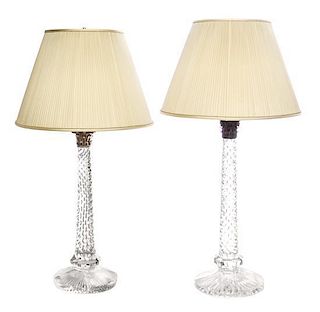 A Near Pair of Baccarat Cut Glass and Silvered Metal Mounted Lamps Height overall 34 inches.