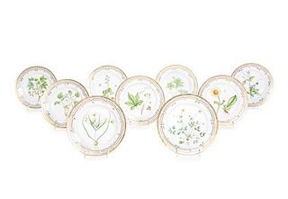 A Set of Nine Royal Copenhagen Flora Danica Luncheon Plates Diameter 10 inches.