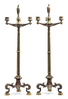 A Pair of Neoclassical Gilt Bronze Three-Light Candelabra Height 24 inches.
