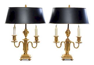 A Pair of Louis XVI Gilt Bronze Two-Light Candelabra Height 17 3/4 inches.