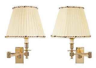 A Pair of Contemporary Brass Swing-Arm Sconces Height overall 16 inches.