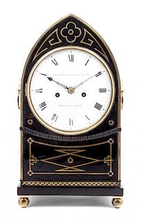 An English Ebonized and Brass Inlaid Mantel Clock Height 16 inches.