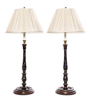 A Pair of Lacquered Table Lamps Height overall 31 inches.