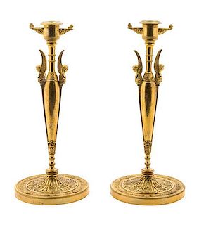 A Pair of Directoire Gilt Bronze Candlesticks Height 11 1/2 inches.