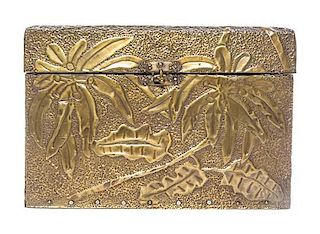 A Flemish Embossed Copper-Clad Table Casket Width 8 1/4 inches.