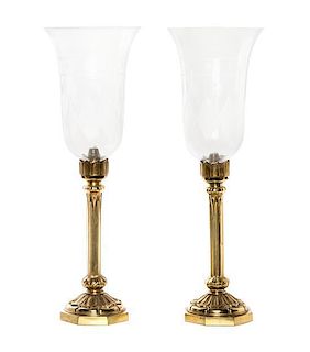 A Pair of English Brass and Etched Glass Candlesticks Height overall 23 3/4 inches.
