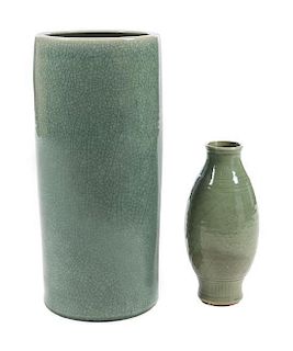 Two Contemporary Celadon Glazed Pottery Articles Height of first 24 inches.