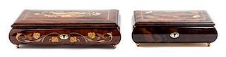 Two Contemporary Marquetry Decorated Music Boxes Width of widest overall 11 inches.