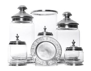A Collection of Apothecary Canisters and Jars Height of tallest 12 inches.