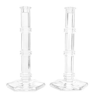 A Pair of Contemporary Glass Candlesticks Height 11 inches.
