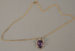 14 karat gold and amethyst pendant and chain, total weight 7.6 grams.