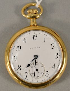 18 karat gold Hamilton pocket watch, open face with twenty-three jewels, total weight 78.4 grams, 47mm.
