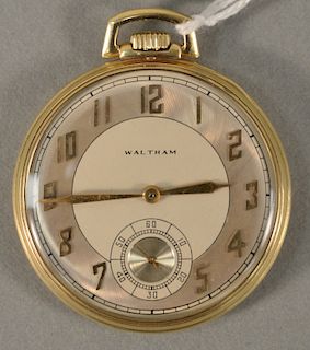 14 karat Waltham pocket watch open face with twenty-one jewels, total weight 46.1 grams, 43.5 mm.