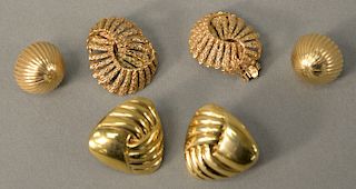 Three pairs of 14 karat gold earrings. 29.3 grams