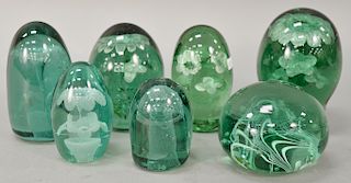 Seven green glass English bottle dumps 1840-1870 including large Nail Sea with white swirls, 5 inch tall flower and bubble, 6 inch t...