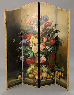 Four fold dressing screen with hand painted panels of flowers and fruit. ht. 70 in., wd. 116 ni.