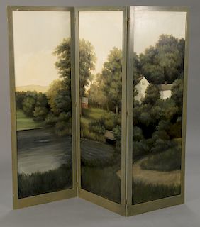 Three fold dressing screen with hand painted landscape scene. ht. 68 in., wd. 70 in.