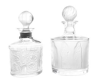 Two Lalique Molded and Frosted Glass Decanters Height of first overall 9 1/4 inches.