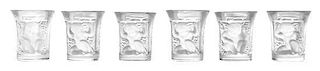 A Set of Six Lalique Cordials Height 1 3/4 inches.