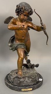 Figural putti "Cupid" bronze signed Houdon, total ht. 27 in.
