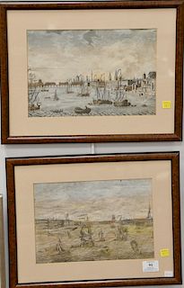 Five framed pieces to include a pair of English hand colored harbor scene engravings, and a set of three Japanese woodblock prints. ...