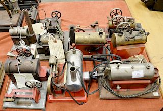 Group of steam engines to include horizontal German engine and broiler with whistle 8'' x 5 1/2'' ht. 8 3/8'' with smokestack, 2 3/4...