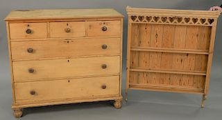 Two piece lot to include a pine chest (ht. 42 in., wd. 46 in.) and a pine shelf (ht. 46 in., wd. 37 1/2 in.).