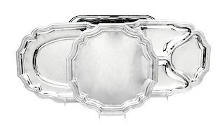 A Collection of Eight Silver-Plate and Silvered Metal Trays Width of widest over handles 22 1/2 inches.