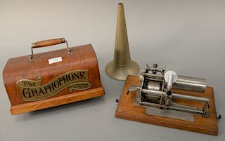The Graphophone, Eastern talking machine co cylinder phonograph with approximately 140 cylinders having small horns. ht. 6 in., wd. ...