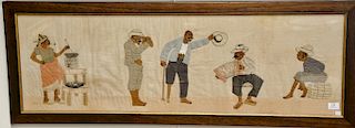 Southern hand stitched and quilted tapestry playing music and cooking. 14 3/4" x 47"