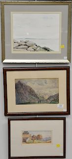 Four framed watercolors including Susan Shatter (1943-2011), mountainous farm landscape, signed lower right Shatter 67, 10 1/4" x 14...