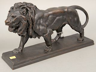 After Antoine-Louis Barye (1795-1875), bronze lion, marked on base: Barye. ht. 8 3/4 in., lg. 14 3/4 in.