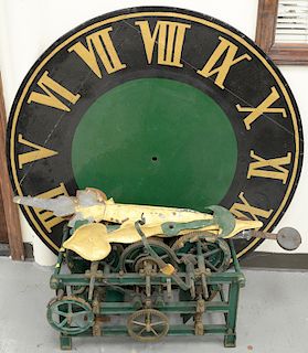 Large iron turret clock frame and parts to include green painted iron, works, hands, 18th/19th century. face dia. 48 in.