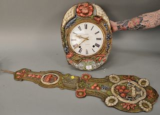 J. Belin Swag wag on wall clock, enameled dial marked J. Belin, pradelles painted embossed pendulum and clock border. face: 18" x 14"